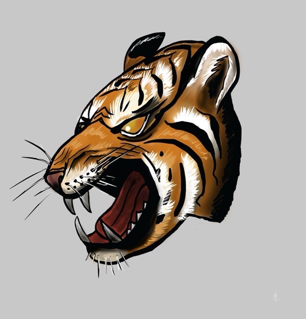 Neo-trad tattoo style roaring tiger head
